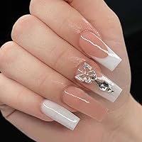 Foccna Long White Press on Nails Nude Coffin French Fake Nails Full Cover Nude Gorgeous Butterfly Acrylic False Rhinestone Nails for Women and Girls 24PCS