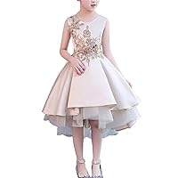 Scoop Satin Hi Low Communion Dress Beads Sleeveless Flower Girl Dress Pageant Ball Gown with Appliques