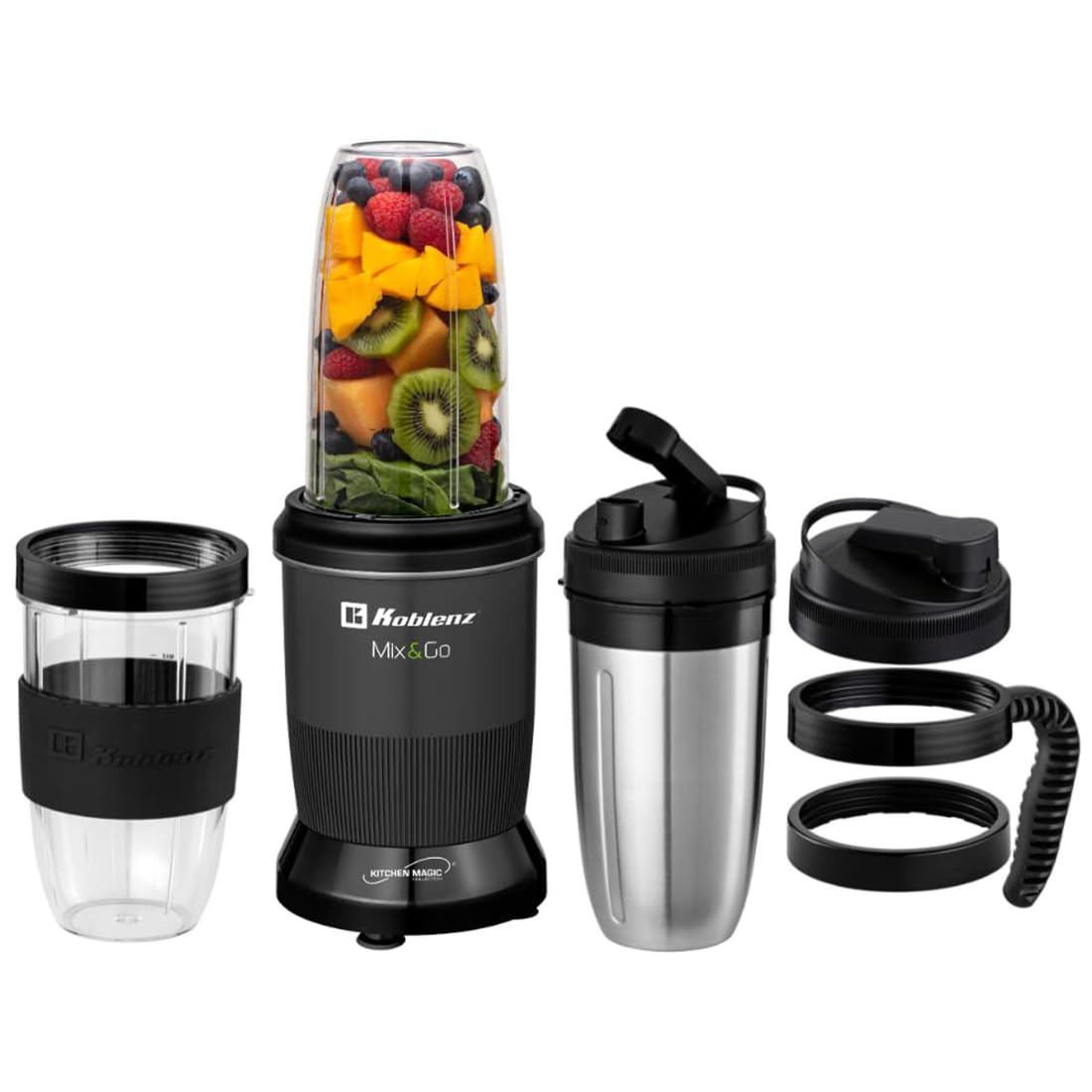 Koblenz Mix&Go Portable Blender, Personal Size Blender for Shakes and Smoothies, 1000-watt Motor, Stainless Steel Blades with 6 Arms, 12 Accessory Kit, Black