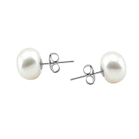 14K Gold High Luster Button White Freshwater Cultured Pearl Stud Earrings for Women