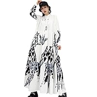 Women Long Sleeves Crew Neck Dress Loose Leisure Mid-Length Printing Temperament White A-Line Dress Spring Autumn