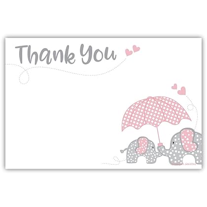 Pink Elephant Girl Baby Shower Thank You Note Cards (20 Count) - With Envelopes