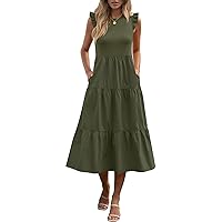 ANRABESS Women's Summer Casual Flutter Short Sleeve A-Line Flowy Tiered Beach Midi Dresses 2024 Trendy Outfits