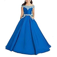 Girls' Satin Beaded Pageant Dress With Pockets A Line Off Shoulder Princess Ball Gown 2 Blue