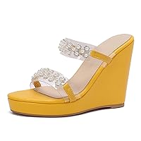 Pearl Wedge Heels for Women Clear Chunky Heel Sandals Two Strap Round Toe Sandals US3-13.5