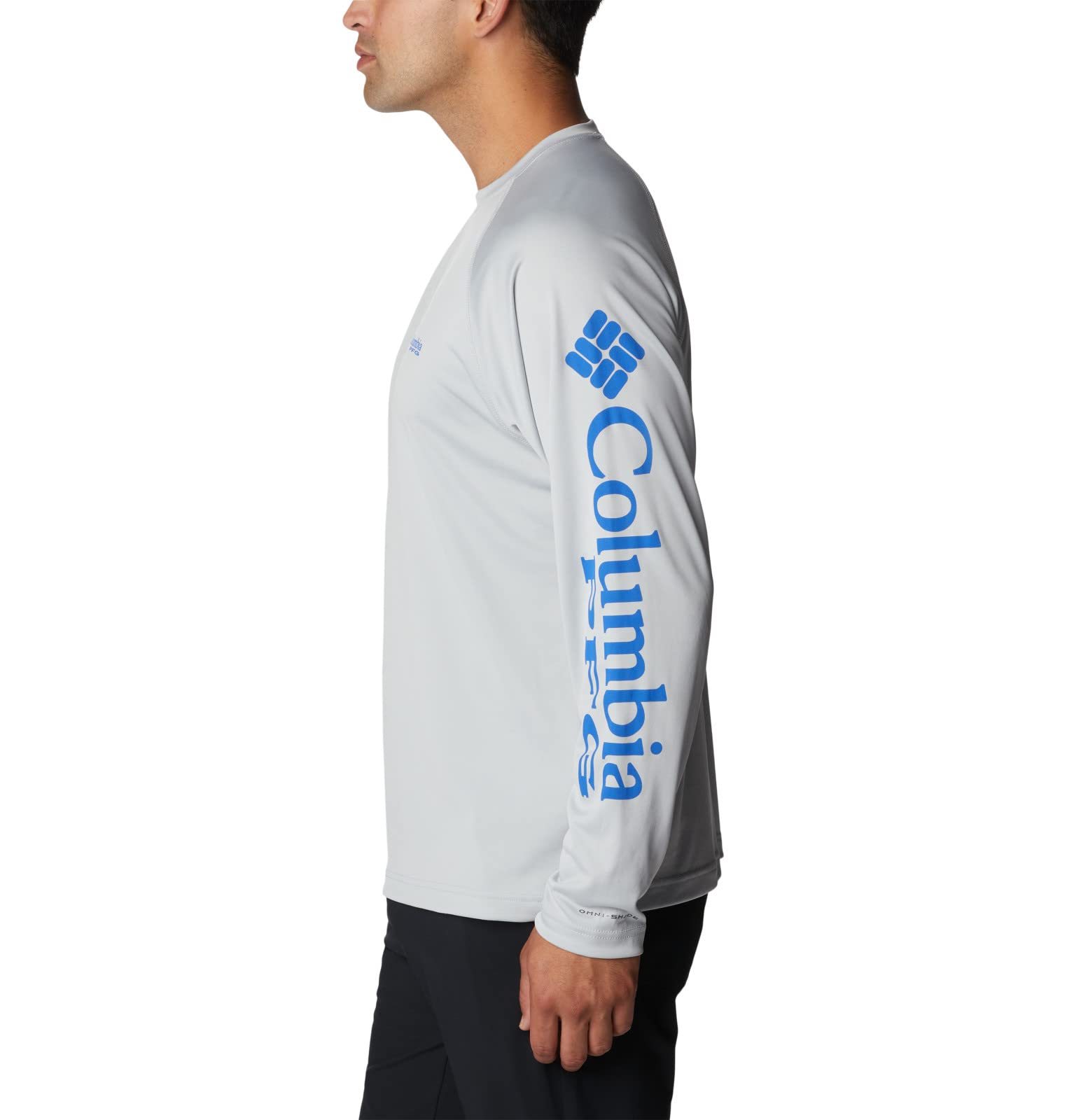 Columbia Men's Terminal Tackle Long Sleeve Shirt, Cool Grey, Vivid Blue Logo, Large