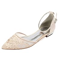 Womens Mesh Flats for Wedding Comfort Bridal Shoes Pointed Toe Ankle Strap Party Dress Work Embroid
