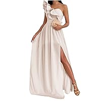 Womens One Shoulder Strap Ruched Ruffle Split Formal Evening Maxi Dress Cocktail Party Prom Dresses Ladies Ball Gown