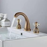 Retro Style Antique Two Handles Bathroom Faucets Brass Black Gold Sliver Three Holes Widespread Bath Taps Crystal Handle Bathroom Sink Faucets Contain Supply Lines and Hot Cold Water (Antique Brass)