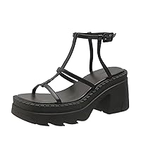 Platform Sandals Women Ladies Fashion Solid Leather Platform Buckle Thick High Heel Roman Sandals