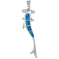 Sterling Silver Synthetic Opal Hammerhead Shark Necklace in Blue & Pink CZ Accent 2 inch Rope Chain