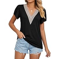 Women's Summer Casual Petal Sleeve Solid Color Top Guipure Lace Deep V Neck Petal Sleeve T-Shirt Tunic Blouse