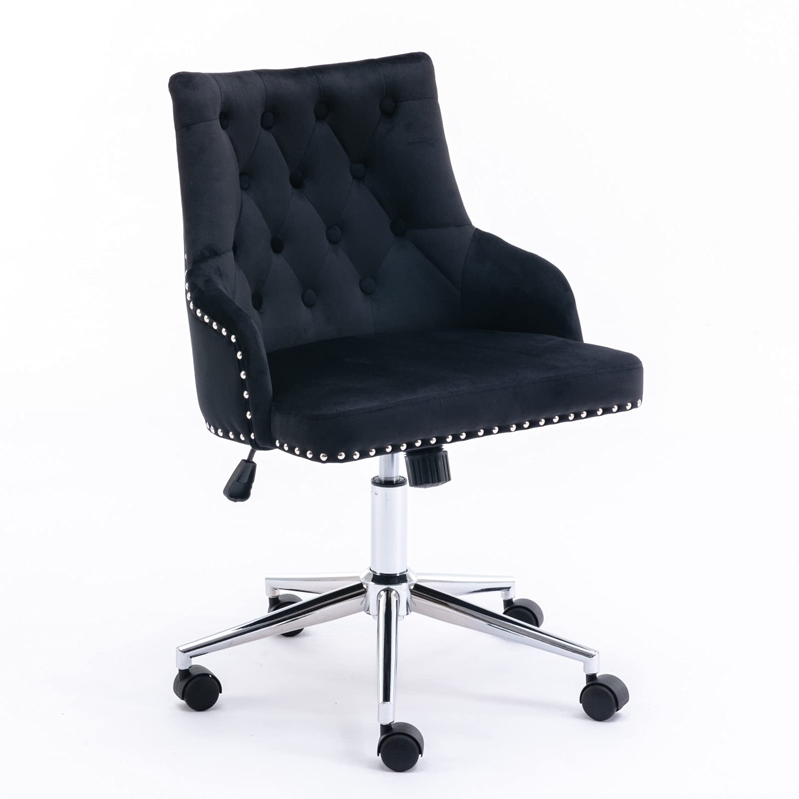 Velvet Desk Chair Tufted Office Chair with Wheels Accent Vanity Chair Fabric Task Swivel Armchair for Bedroom Living Room Black