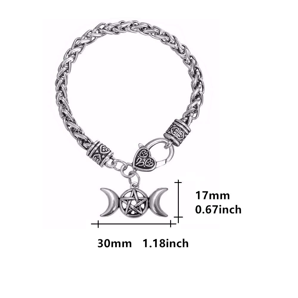 Triple Moon Goddess Amulet Wicca Pentagram Wheat Chain Bracelet for Women Men Pagan Jewelry