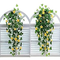 2 Pcs Artificial Vines ,35.4' Morning Glory Hanging Plants Silk Garland Fake Green Plant ,Artificial Flowers for Wall Home Room Garden Wedding Indoor Outdoor Decoration (Yellow)