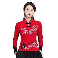 Cheongsam Women' Plus Size T-Shirts Autumn Cotton Blend Embroidery Stand Collar Chinese Qipao Shirts Woman