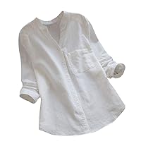 Womens V Neck Roll Up Sleeve Button Down Blouses Tops Womens Summer Linen Shirts Casual Work Plain Solid Long Sleeve Shirt