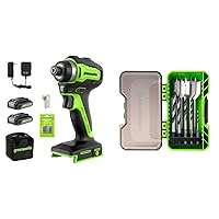 Greenworks 24V Brushless Cordless Impact Driver Kit, Batteries and Charger Included, with 11-Piece Wood Drilling Bit Set
