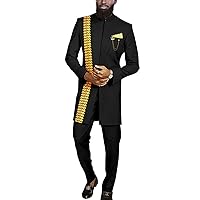 African Clothes for Men Slim Fit Embroidery Blazer and Pants Set Dashiki Outfits Jacket Chain Kerchief