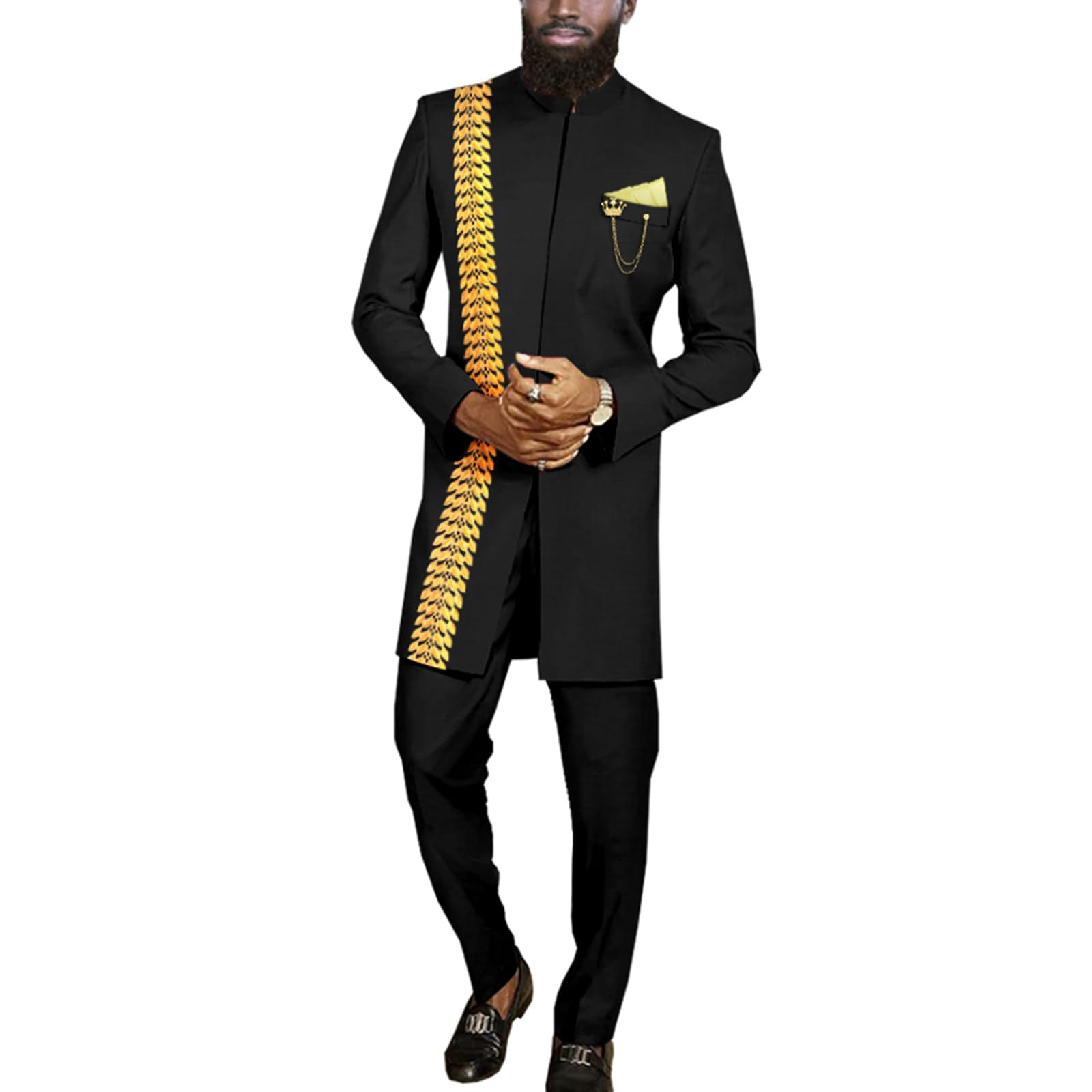 African Clothes for Men Slim Fit Embroidery Blazer and Pants Set Dashiki Outfits Jacket Chain Kerchief