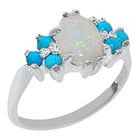 925 Sterling Silver Real Genuine Opal and Turquoise Womens Band Ring