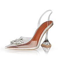 AMINUGAL Womens Slingback Clear High Heel Sandals Band Pointed Toe Triangle Heeled Rhinestones Crystal Dress Party Wedding Bride Shoes