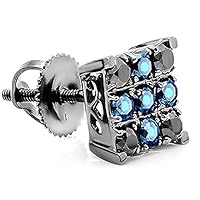 10K White Gold Round Black Diamond & Blue Sapphire Men's Square Shaped Stud Earrings