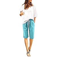 Cotton Linen Shorts for Women Casual Trendy Elastic Waist Drawstring Bermuda Shorts Loose Comfy Summer Beach Shorts