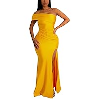 Formal Dresses for Women Yellow Sexy One Shoulder Ruched Gowns Elegant High Split Mermaid Evening Party Dress