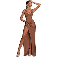 Women's Sleeveless Ruched Bodycon Corset Maxi Dress Spaghetti Strap Slit Elegant Evening Party Long Dresses