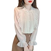 EDREES Mine Type Chiffon Blouse, Women's, Cute, Long Sleeve, Feminine, Stylish, Open Collar Shirt, Slimming, Body Cover, Casual, Fashion, Open-collar Shirt Rankings, Commuting, Everyday, Breathable