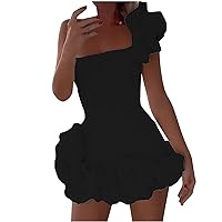 One Shoulder Sexy Ruffle Dress for Women, Strapless Bodycon Mini Dress Elegant Tight Ruched Cocktail Party Dresses