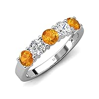 Round Citrine & Natural Diamond 1.10 ctw Side Gallery Women 5 Stone Stackable Wedding Band 14K Gold