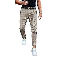 Mens Traditional Plaid Chino Pants Slim Fit Casual Striped Slacks Loose Comfort Scottish Grid Trousers Khaki,XXLarge