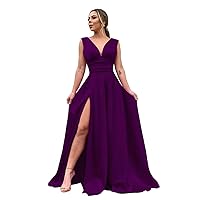 Women's V Neck Prom Dresses Long Stain Evening Ball Gowns with Slit