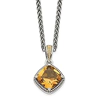 Sterling Silver with 14k Accent Pendant with Antiqued Citrine Necklace 18 Inches x 11 mm