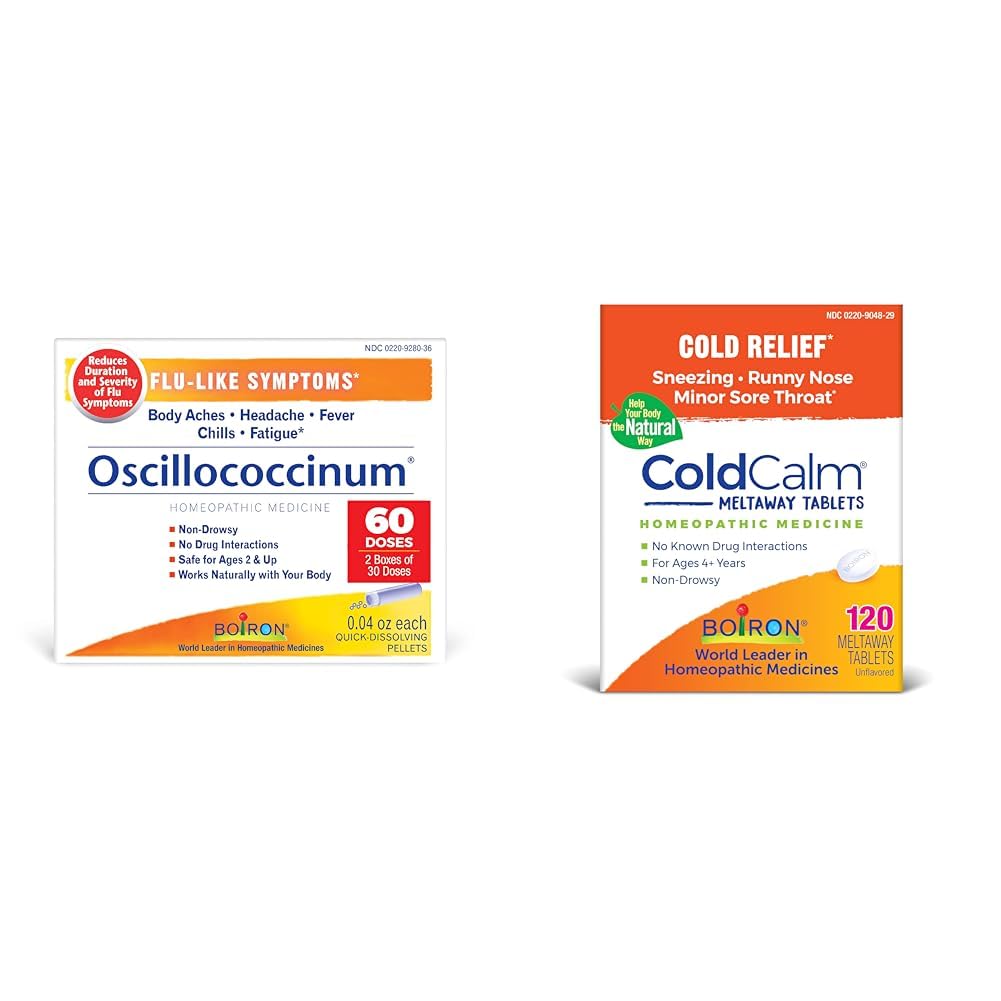 Boiron Oscillococcinum for Relief from Flu-Like Symptoms of Body Aches & ColdCalm Tablets for Cold Symptoms of Sneezing, Runny Nose, and Sore Throat - 120 Count