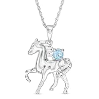0.20 CT Round Created Blue Topaz & Diamond Horse Pendant Necklace 14k White Gold Finish