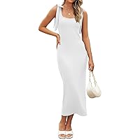 MEROKEETY Women's Summer Ribbed Knit Bodycon Midi Dress Sleeveless Square Neck Wedding Guest Tank Dresses