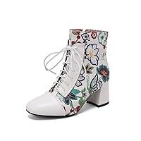 Womens Mid Chunky Heeled Ankle Booties Lace up Zip Floral Print Elegant Boots