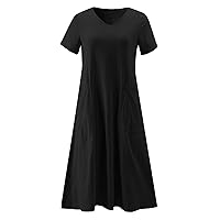 Womens Cotton Linen V Neck Spring Dress with Pocket Summer Beach Maxi Flared Tank Dress Plus Size Flowy Dresses 2024