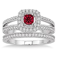 2 Carat Ruby & Diamond Antique Bridal set Halo Ring on 10k White Gold