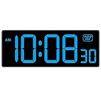 LED Digital Clock Wall Clock with Seconds, Electric Clock Plug Auto DST Dimmer LED Large Display 10 Inches (Blue)