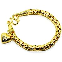 Chain Gorgeous Heart Charm Thai Baht Yellow Gold Plated Filled Bangle 23k 24k Bracelet Jewelry 7,7.5,8 inch