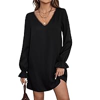 Womens Fall Fashion 2022 Solid Tie Back Tunic Dress (Color : Black, Size : X-Small)