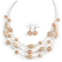 Avalaya Multistrand Light Toffee/Caramel Glass and Ceramic Bead Wire Necklace & Drop Earrings Set Silver Tone - 48cm L/ 5cm Ext