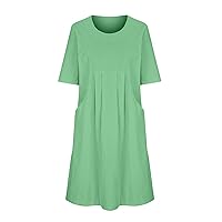 Elbow Length Sleeve Cotton Linen Shirts Dresses for Women Summer Casual Crewneck Pleated Flowy Beach Midi Dress with Pockets