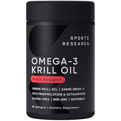 Sports Research Krill Oil Supplement with EPA & DHA Omega 3, Phospholipids & Astaxanthin from Antarctic Krill - Highest Concentration of Krill Oil for Men & Women - 1000mg, 60 Softgel Capsules