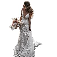 Sexy Boho Wedding Dress V-Neck Sleeveless Sweap Train Mermaid Lace Bridal Dress