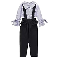 Girls Striped Button-Down Shirts Top+ Overalls Suspender Loose Bib Pants